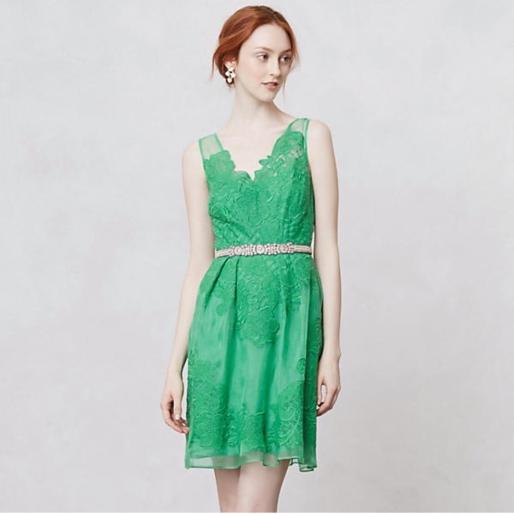 Anthro Emerald Green Silk Dress